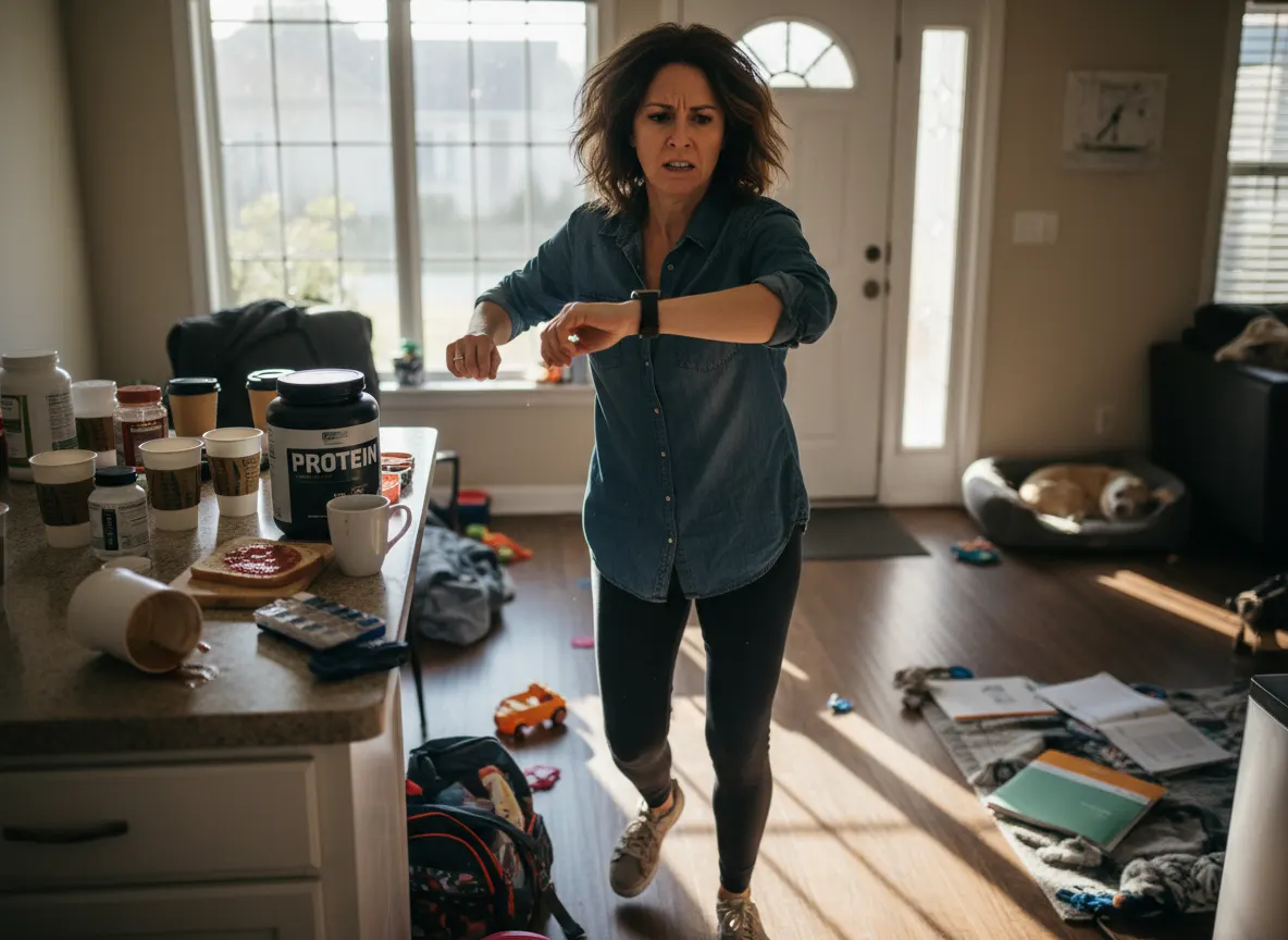 Woman irritably rushing to pick up kids, checking watch, scattered coffee cups and supplements visible on counter, afterno...