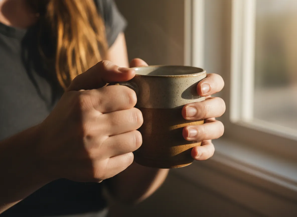 Close-up of woman's trembling hands holding coffee mug, jittery nervous energy visible, warm afternoon indoor lighting, ca...