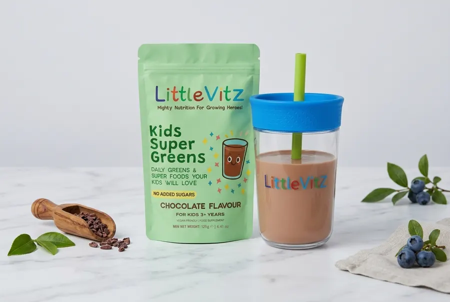 A frosted white tub of kids' greens powder sitting on a clean kitchen counter next to a small glass of mixed chocolate dri...