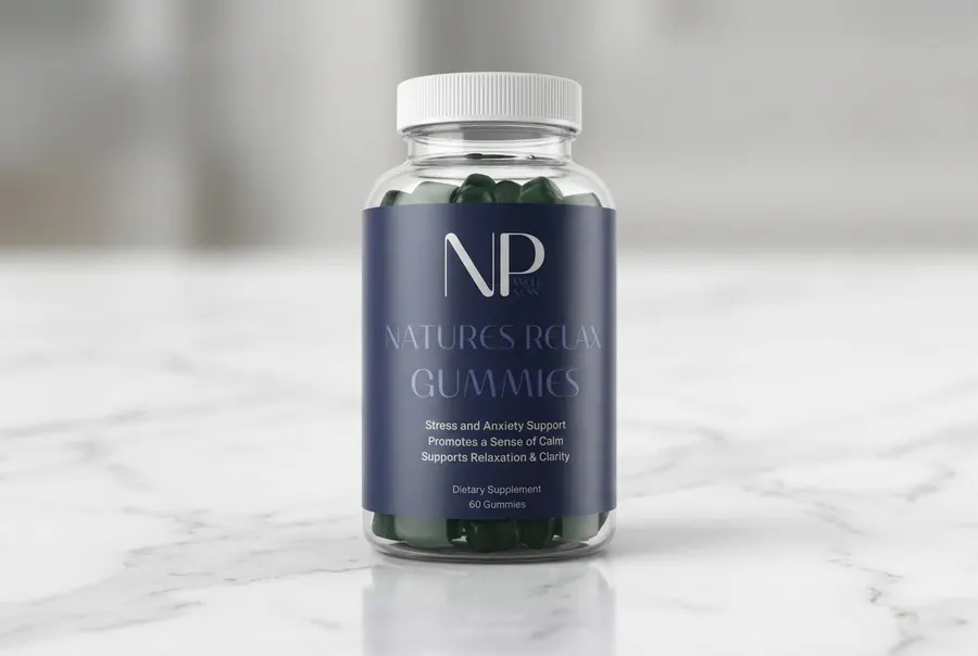A slim frosted glass jar of natural stress-relief gummies sits centered on a clean wood surface, occupying 60% of the fram...