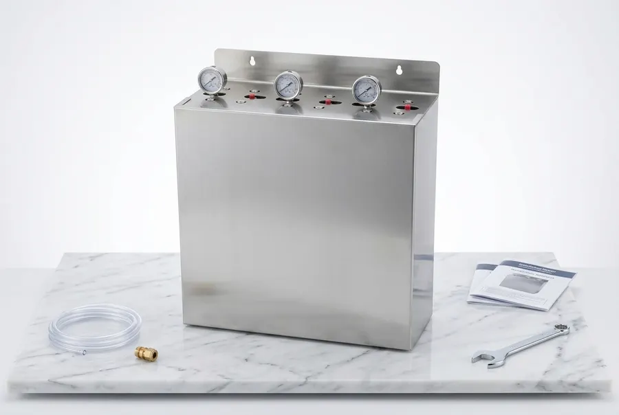 A polished stainless steel whole house water filter system mounted on a clean basement wall beside main water pipes, natur...
