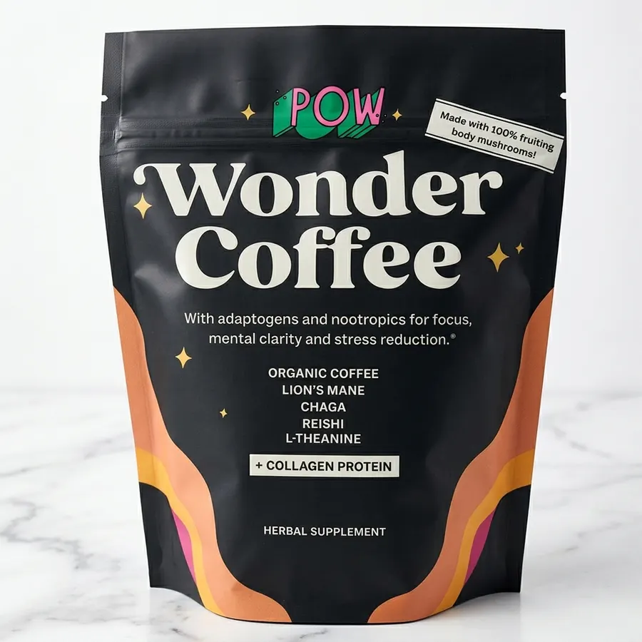 A frosted glass jar of dark instant coffee powder, matte label-free, sitting on a minimalist white shelf next to a ceramic...