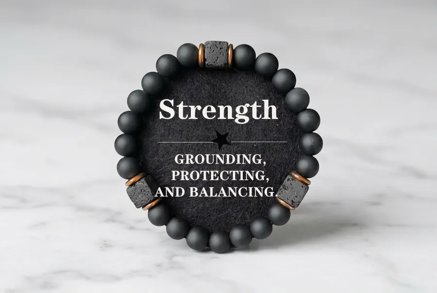 A volcanic stone bracelet rests on a clean bathroom shelf next to a morning skincare bottle and a small plant, early dayli...