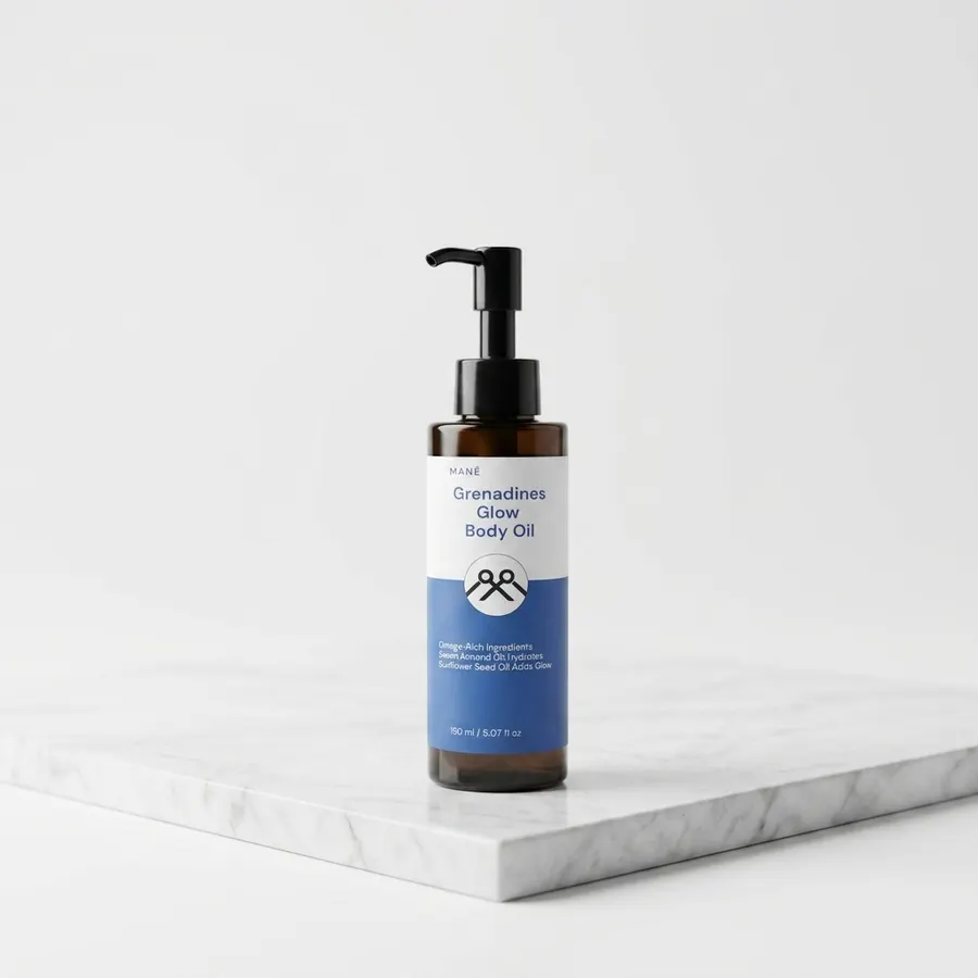 A frosted amber plastic bottle of premium body oil resting on a clean white marble bathroom counter next to a neatly folded ...