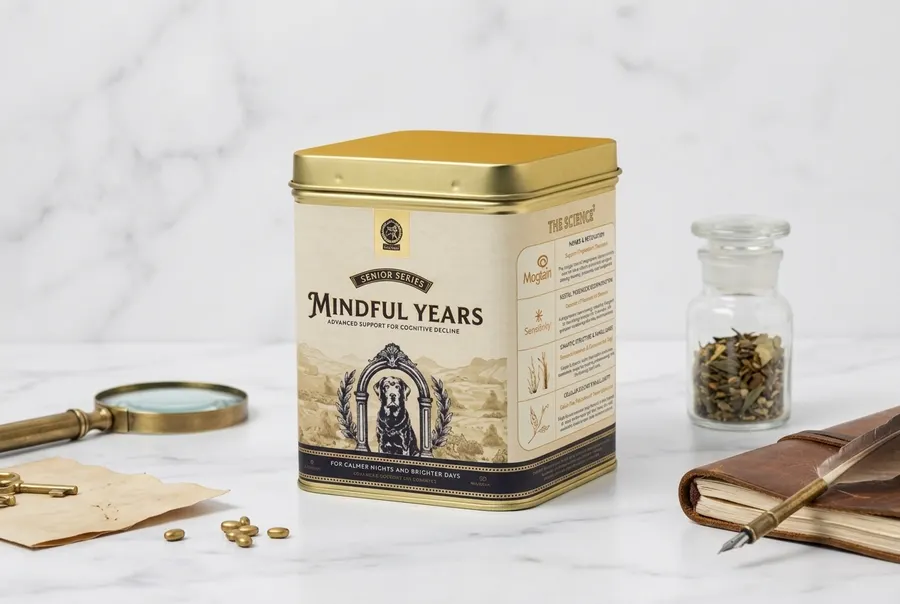 A frosted amber glass jar of four-active cognitive powder on a weathered wooden kitchen counter beside a ceramic dog bowl,...