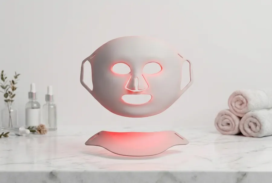 A sleek LED face mask device resting on a clean white vanity surface, emitting a warm red glow (620nm wavelength), soft am...