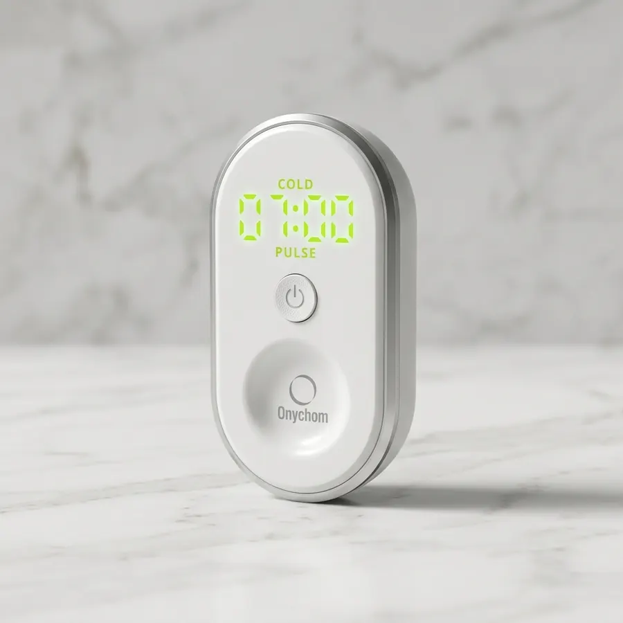 A small rechargeable LED nail treatment clip resting on a clean white bathroom counter next to a glass of water, the devic...