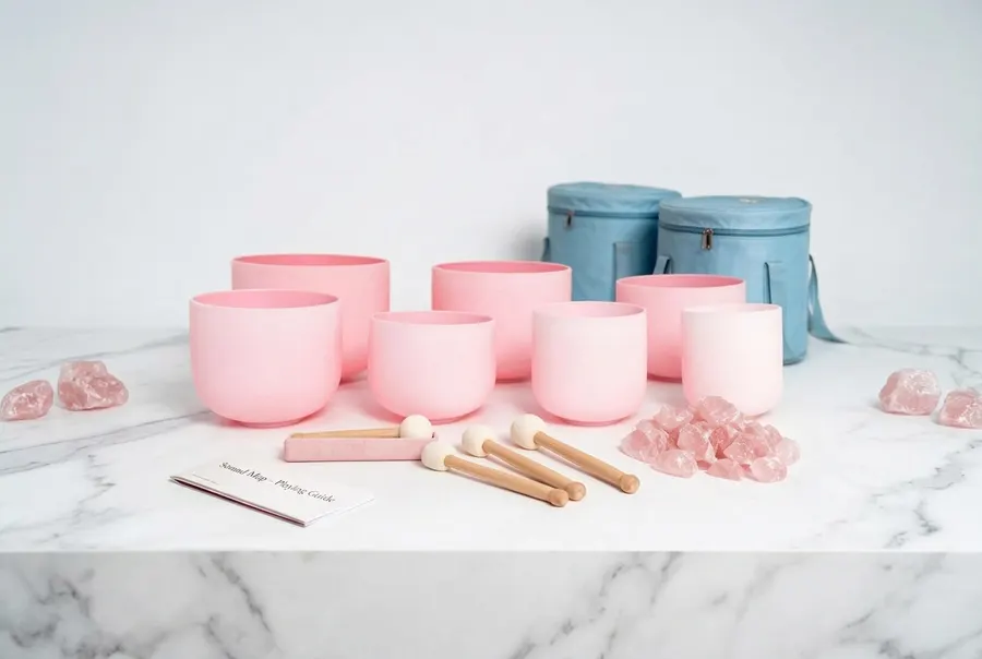 A frosted rose quartz crystal singing bowl rests on a low wooden meditation bench in a softly lit corner, one hand enterin...