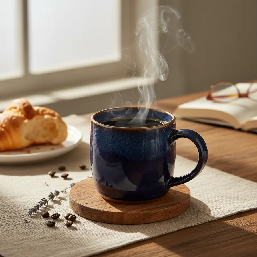 A refined ceramic mug filled with rich, smooth coffee that looks premium and inviting, steam rising gently. Warm natural l...