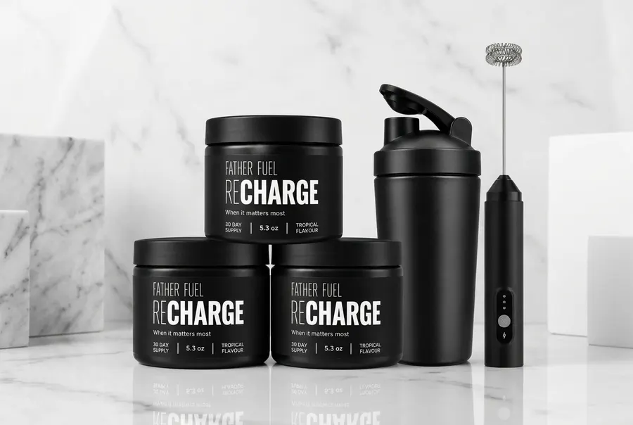 Clean product shot of Father Fuel supplement packaging on a white marble surface, soft , sharp focus, professional but app...