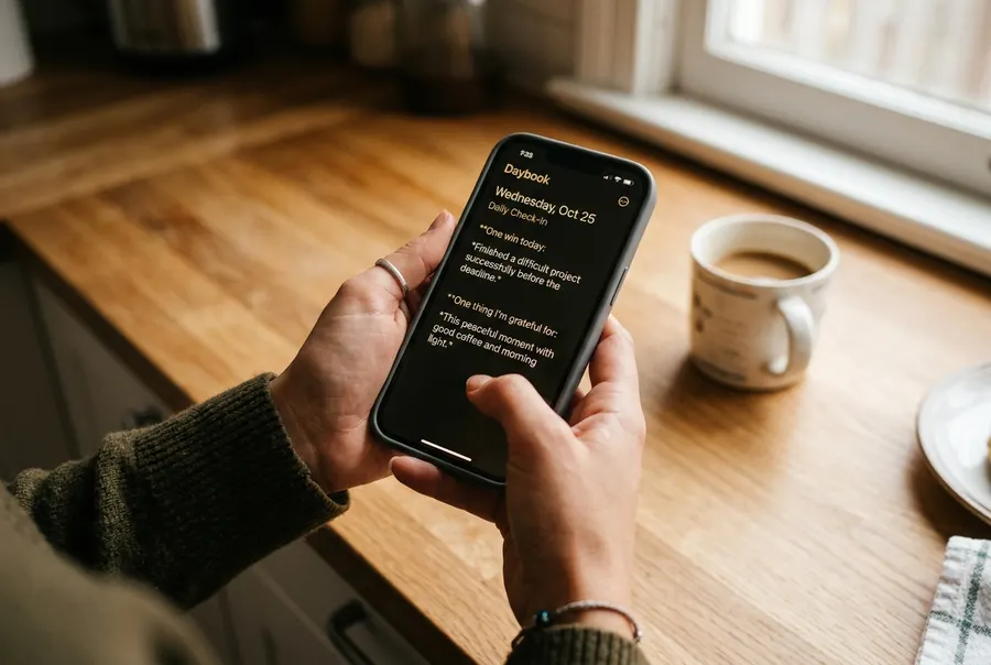 A close-up view of hands holding a smartphone displaying a minimalist journaling app with two clearly visible text prompts...