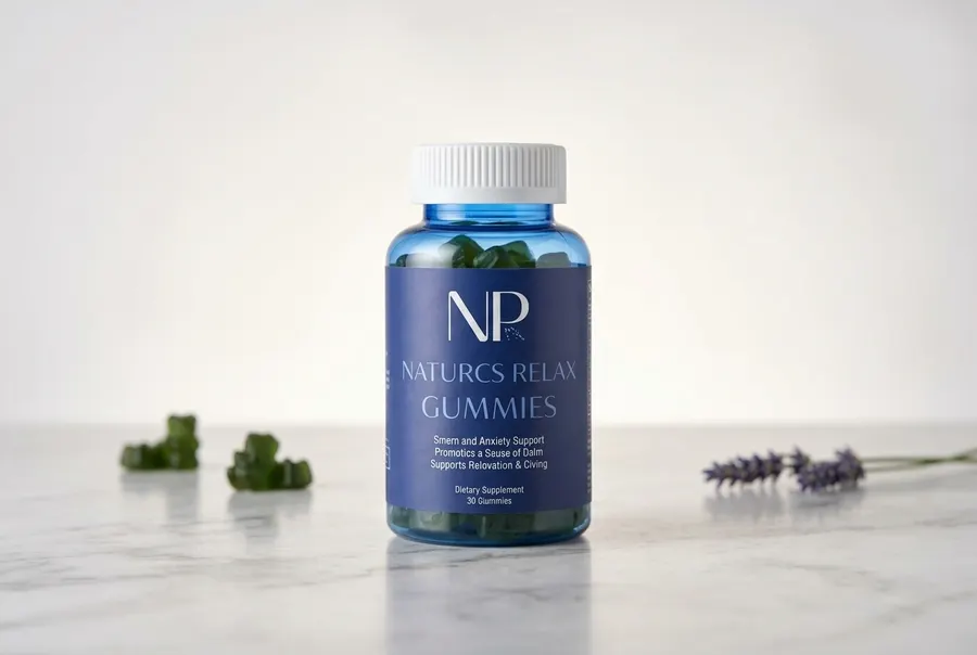 A frosted glass jar of natural fruit gummies with a clean matte label, sitting upright on a bright kitchen counter at 3 PM...
