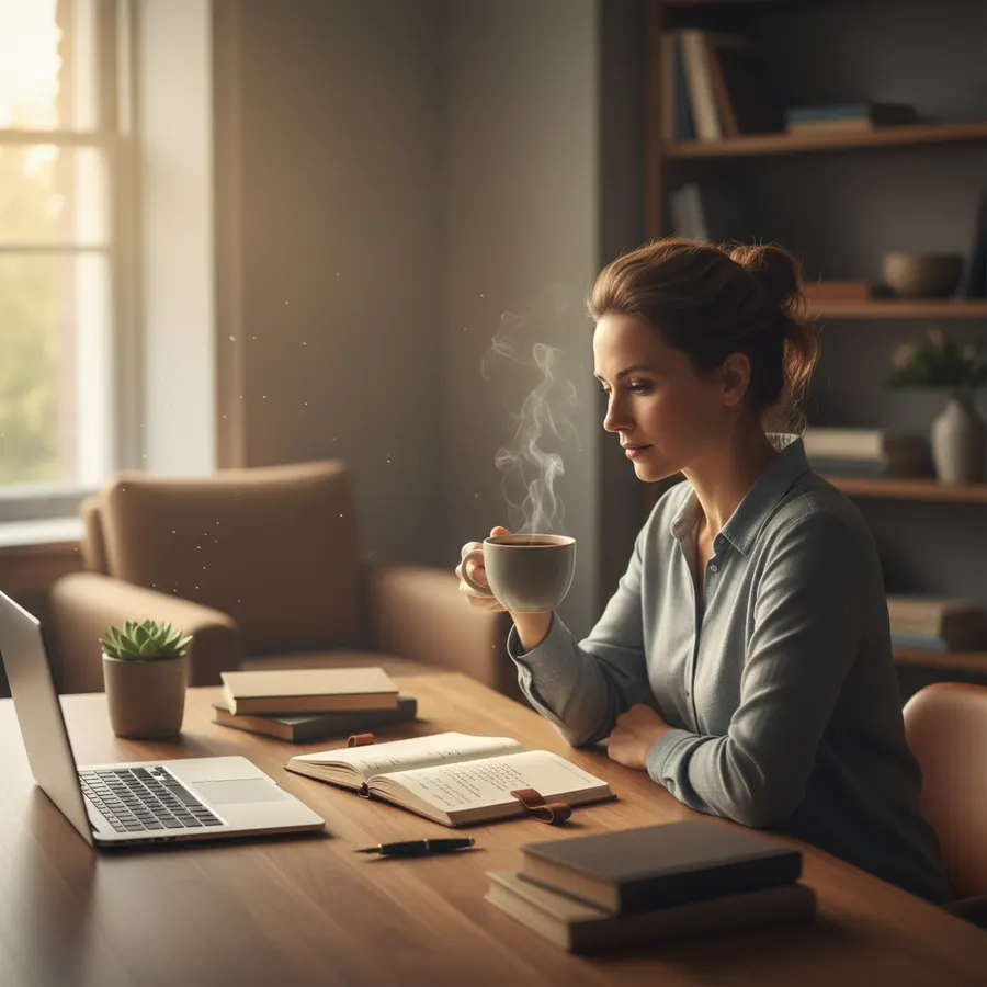 Serene professional at wooden desk with steaming mug of rich coffee, alert focused expression, organized workspace with no...