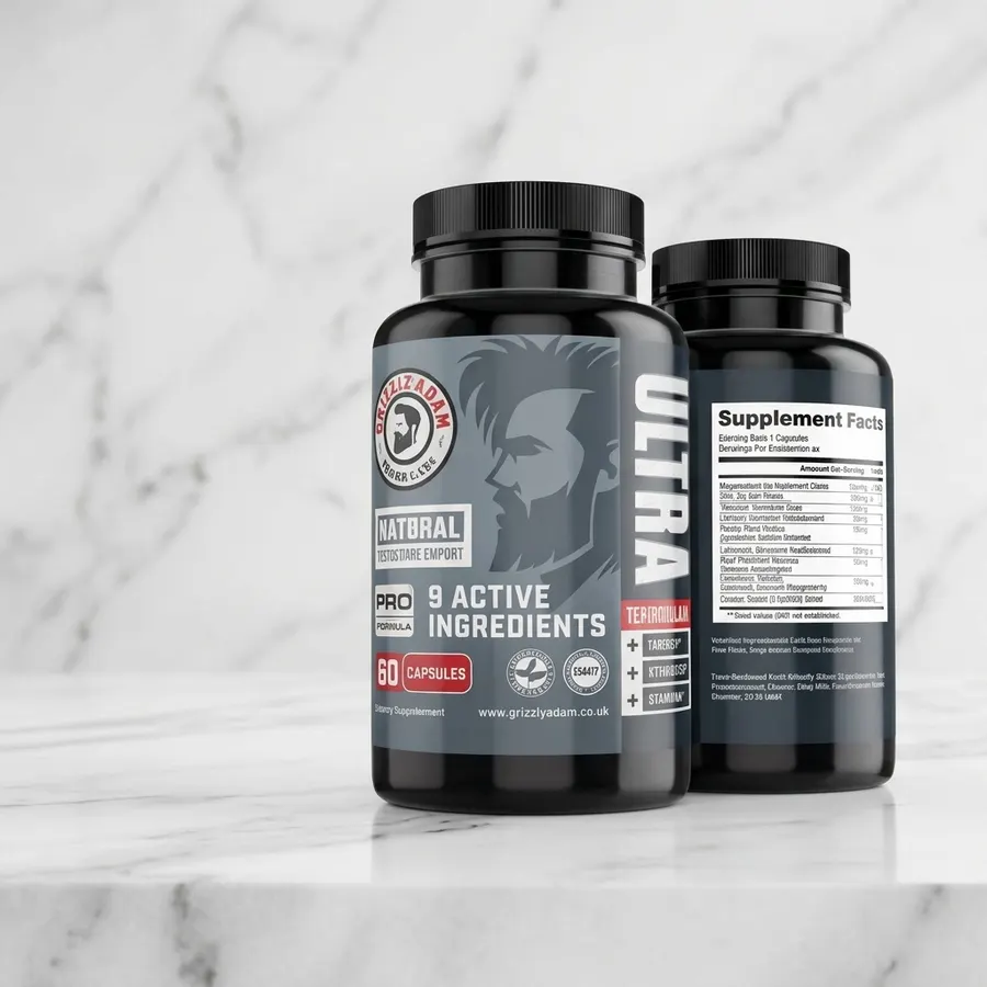 A single matte black bottle of testosterone support tablets centered on a clean bathroom counter next to a water glass, br...
