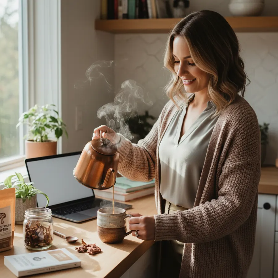 A health-conscious professional in a bright kitchen or home office pouring a warm, smooth mushroom coffee blend into a cer...
