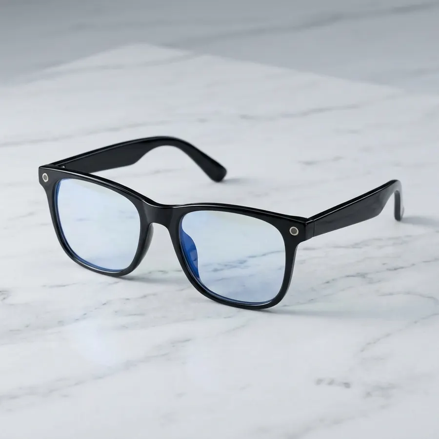 A slim matte pair of AI smart camera sunglasses resting on a sun-dappled outdoor café table next to a smartphone and passp...