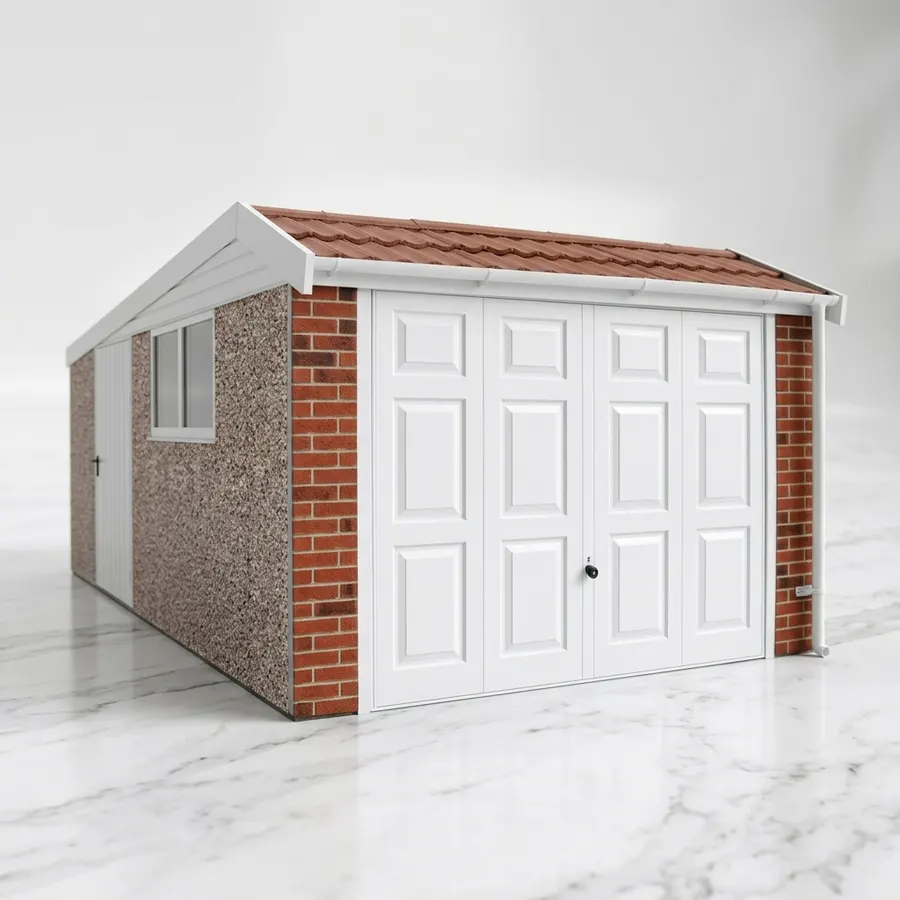 A modern concrete garage structure on a residential UK driveway, clean unblemished panels, bright morning sunlight highlig...