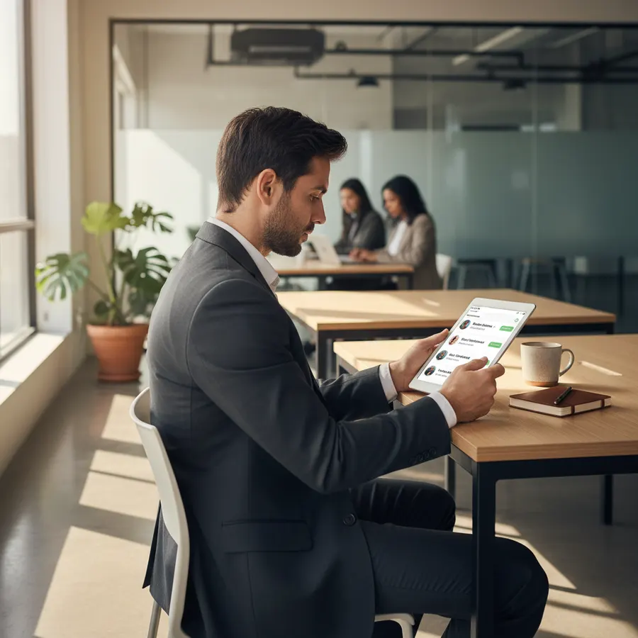 A focused business professional reviewing connection requests on a sleek laptop or tablet in a modern workspace, filtered ...