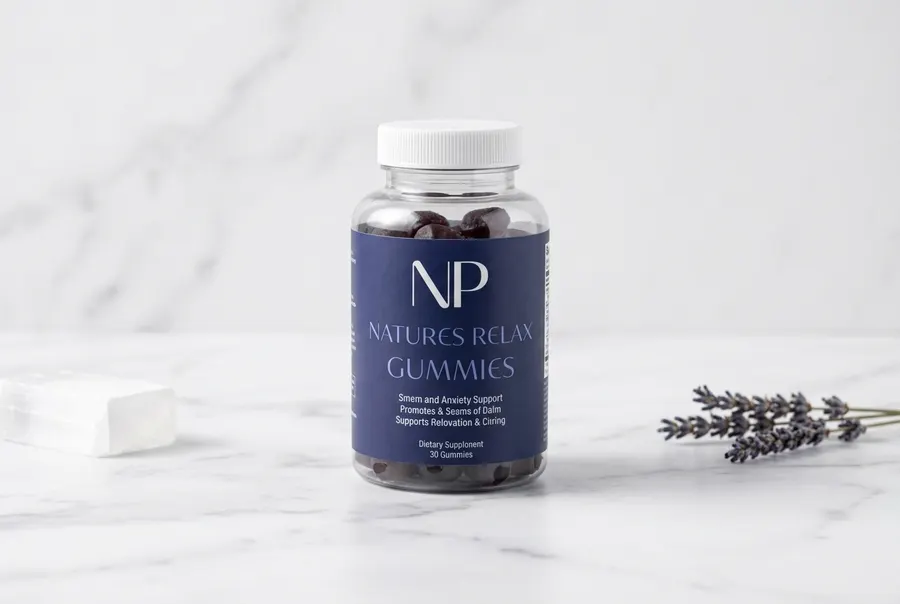 A frosted glass jar of stress-relief gummies sits on a clean bathroom counter beside a small succulent and a coffee mug. S...