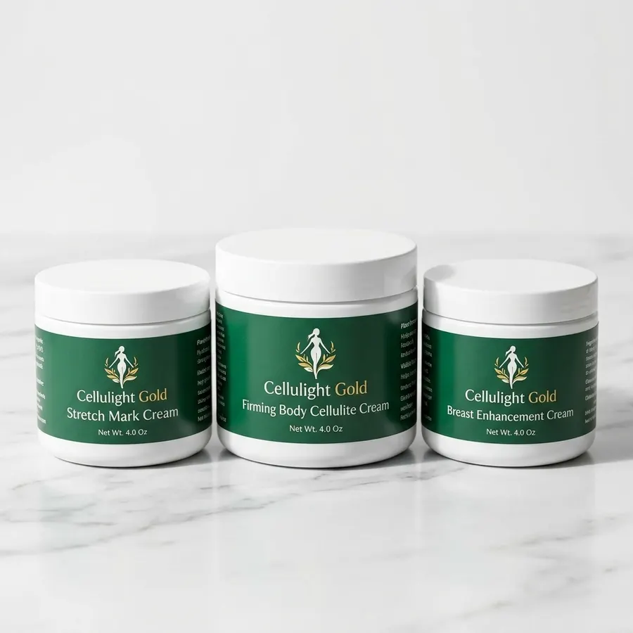Three frosted glass jars of anti-cellulite cream arranged on a clean white bathroom countertop with natural morning light,...