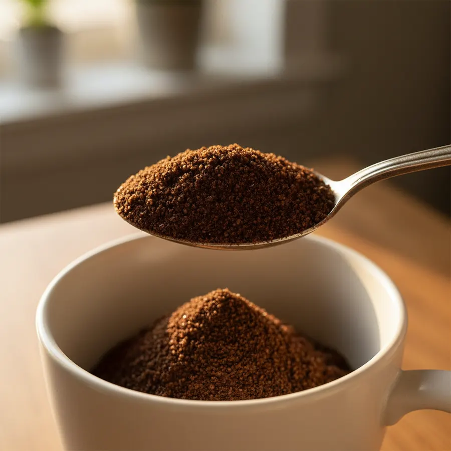 Close-up macro shot of concentrated mushroom extract powder—rich dark brown color with visible crystalline structure—being...