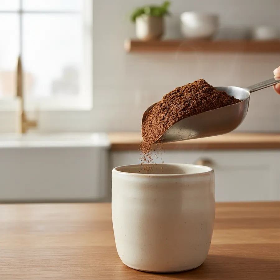 A scoop of dense mushroom coffee powder being measured into a ceramic mug, warm kitchen light, showing rich dark color and...