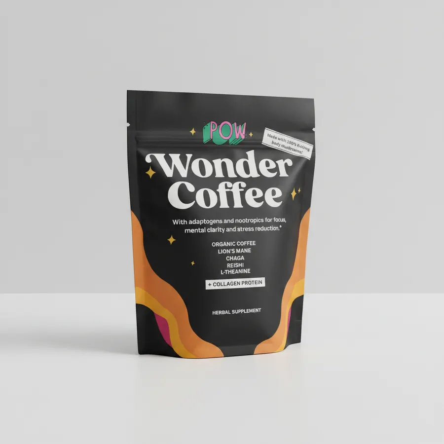 Health-conscious mother in casual home setting with Wonder Coffee mug, calm focused expression, mid-morning natural light,...