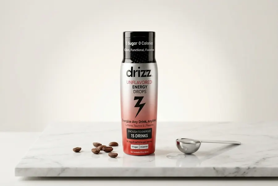 A slim 60ml frosted clear squeeze bottle of caffeinated liquid concentrate sits on a minimal wood surface beside an open g...
