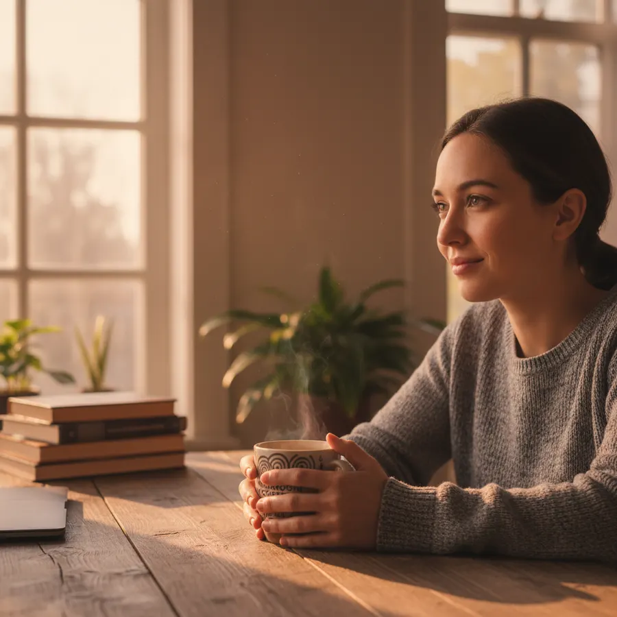 A serene morning scene: a busy parent or professional sitting with a steaming mug of mushroom coffee blend, steady hands, ...