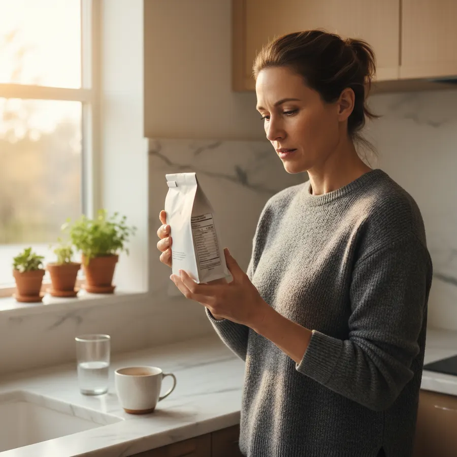Candid shot of a health-conscious professional (30s–40s) holding and examining a coffee pouch in natural morning kitchen l...
