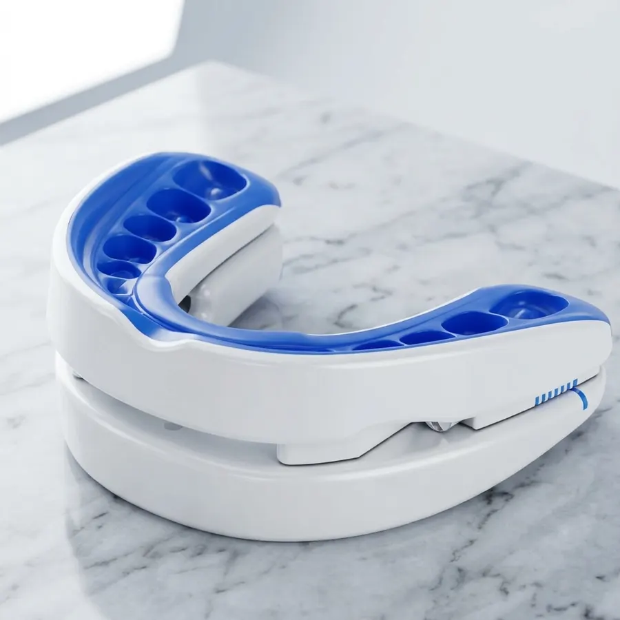 A frosted clear thermoplastic mouthpiece displayed on a clean white surface in overhead , with soft shadow detail. One adj...