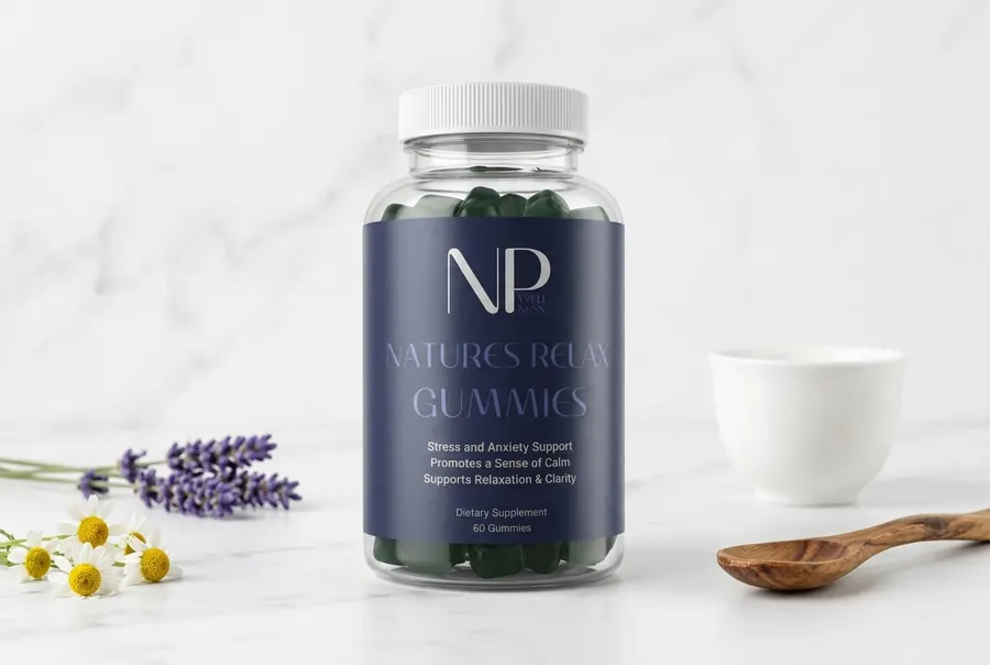 A matte pouch of botanical calm gummies on a clean kitchen counter beside an open laptop and a glass of water, mid-afterno...