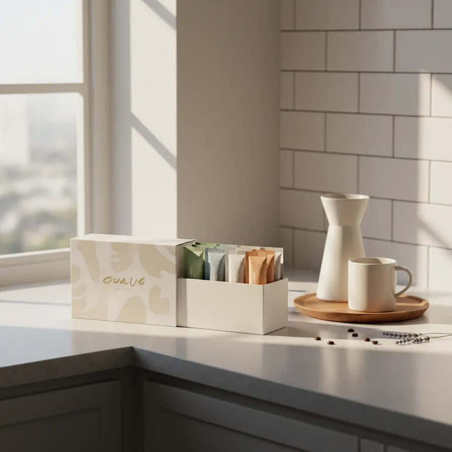 Minimalist kitchen counter, morning light streaming in, Wonder Coffee starter pack box slightly open revealing six clean i...