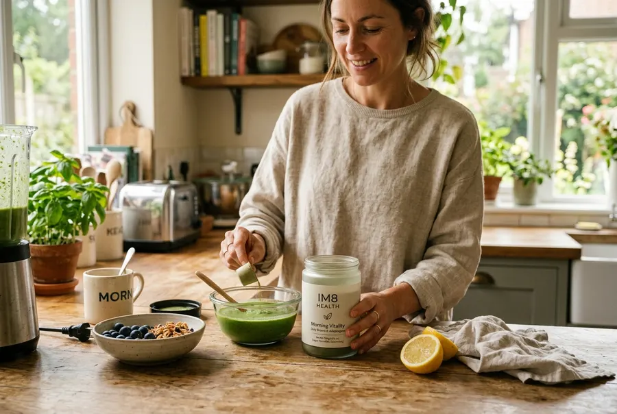 photograph of IM8 Health in a real in-use moment — the product placed or held prominently in a warm, authentic everyday se...