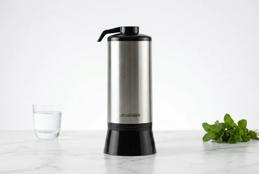 A sleek benchtop hydrogen water filter system on a clean kitchen counter next to a modern tap, morning sunlight streaming ...