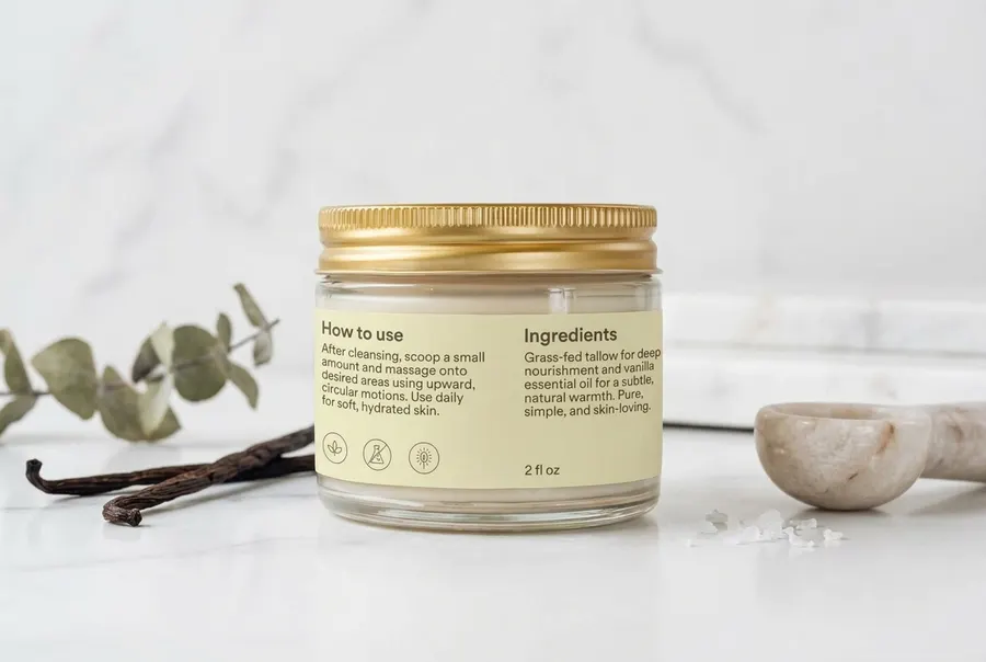 A close-up macro shot of creamy whipped tallow balm texture, soft peaks and gentle swirls filling the frame, warm peachy-b...
