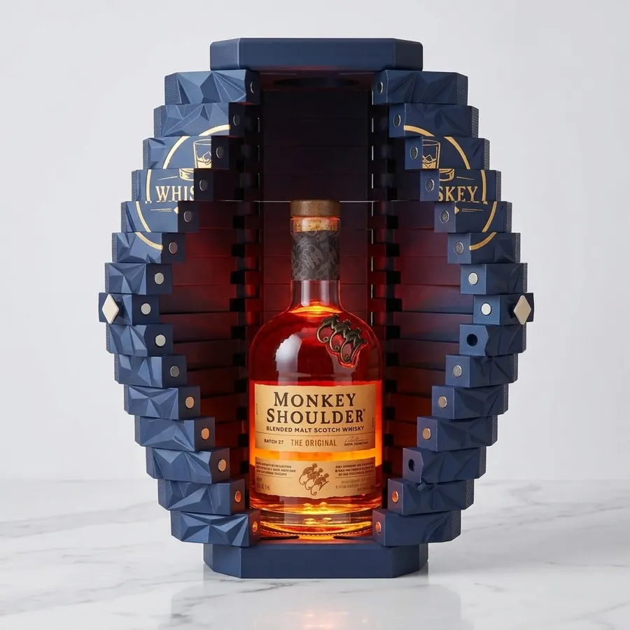 A slim 3D-printed display frame on a dark wood bar counter holding a premium 750ml whiskey bottle, warm LED light pooling ...