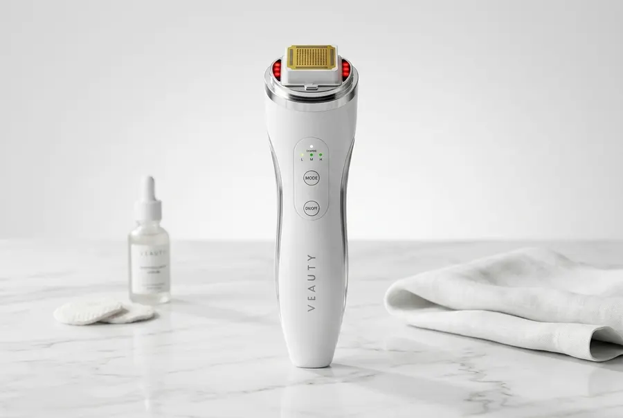 A cordless RF skin tightening device with platinum electrode grid sitting upright on a clean white marble bathroom counter...