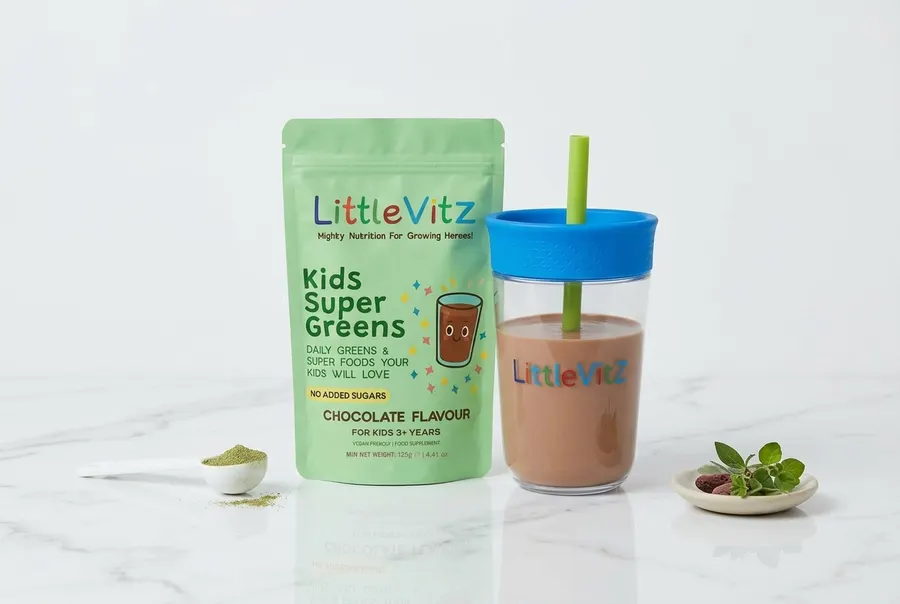A white matte tub of children's greens powder supplement standing upright on a light marble kitchen counter, next to a cle...