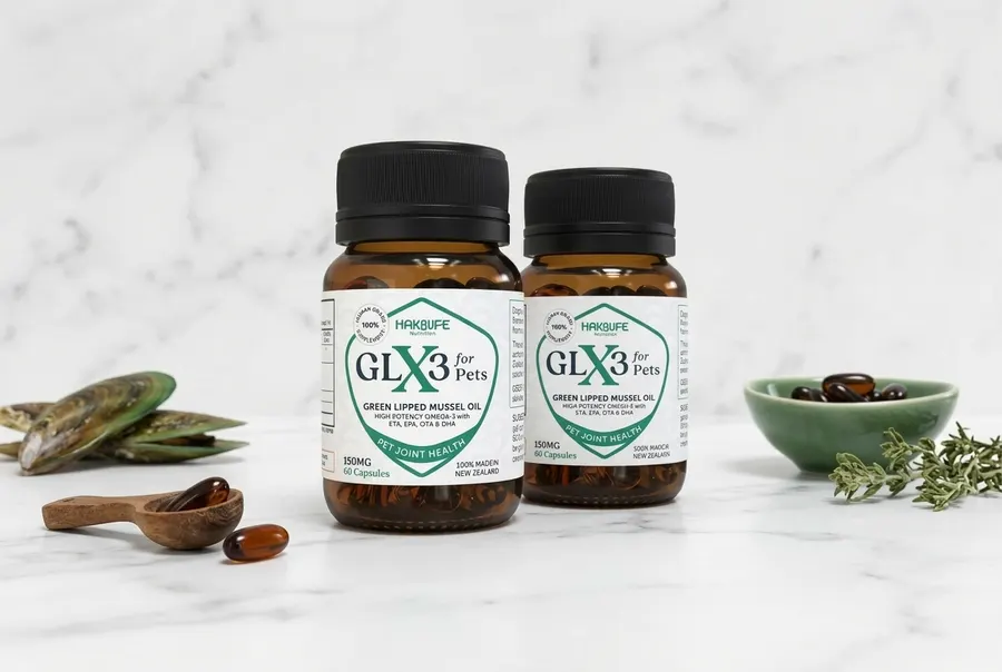 A single matte olive-toned gelcap bottle of GLX3 for Dogs standing upright on a clean wooden surface, occupying 60% of the...