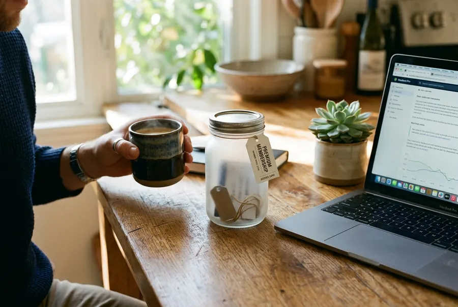 A frosted glass jar of a premium membership service card resting on a clean wood surface beside an open laptop, morning su...