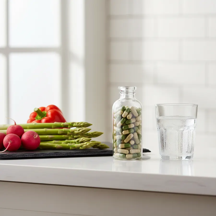 A slim glass capsule bottle of plant-based supplement on a minimalist kitchen counter next to fresh vegetables and a glass...