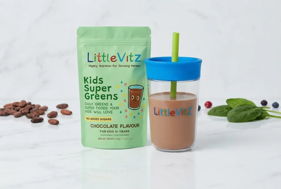 A frosted glass jar of chocolate-brown superfood powder sits centered on a clean white bathroom counter, occupying 60% of ...