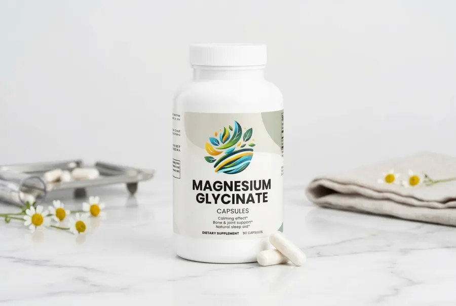 A matte white capsule bottle of magnesium glycinate supplement sits on a simple wooden kitchen table beside a morning coff...