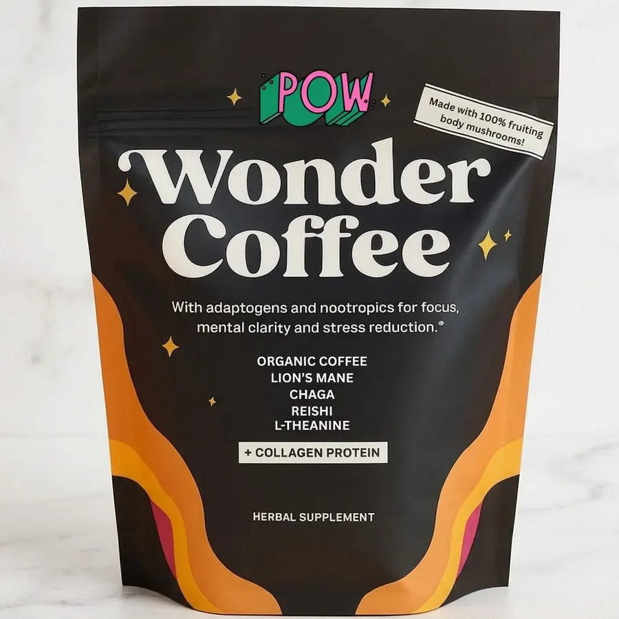 A flat-lay arrangement of the Starter Pack's components—a slim pouch of ground coffee and supporting ingredients—arranged ...