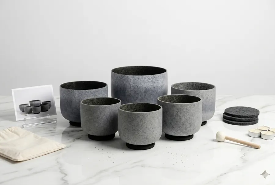A single black crystal singing bowl sits on a simple altar surface beside a lit beeswax candle and a small bundle of dried...