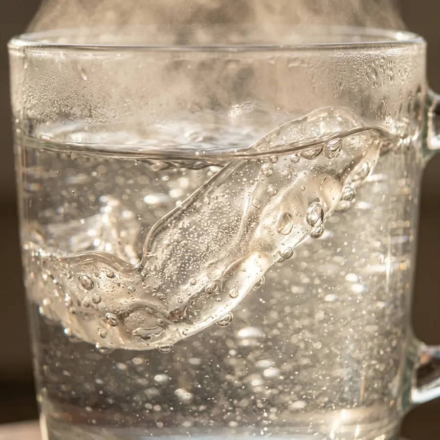 Extreme close-up macro shot of a transparent thermoplastic mouthpiece material being softened in steaming hot water, dropl...