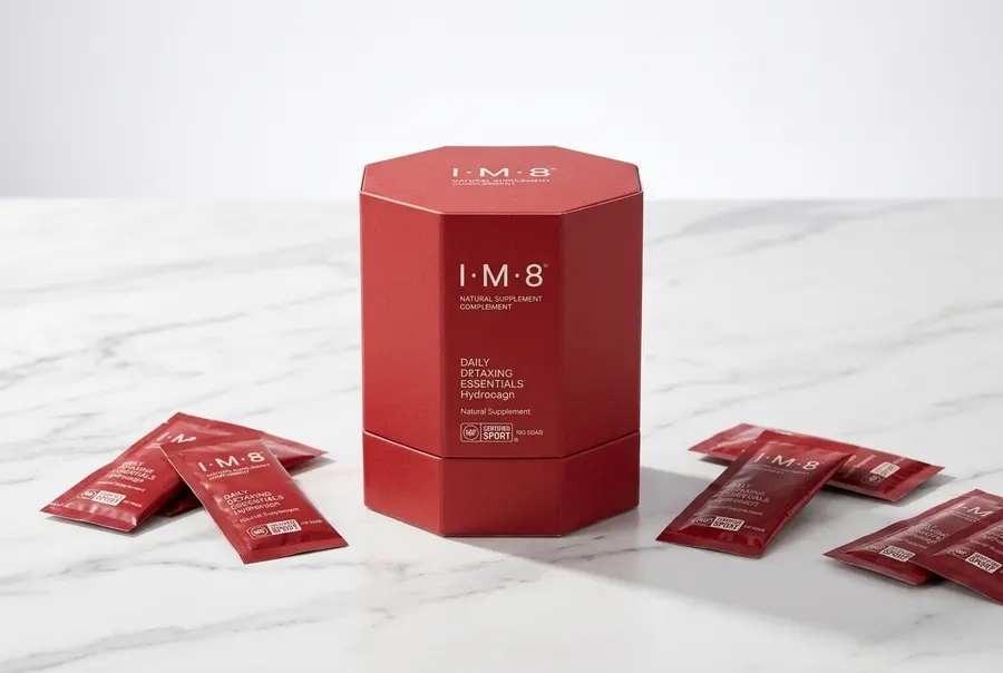 A single-serve pouch of comprehensive daily supplement powder centered upright occupying 60% of frame height on a kitchen ...