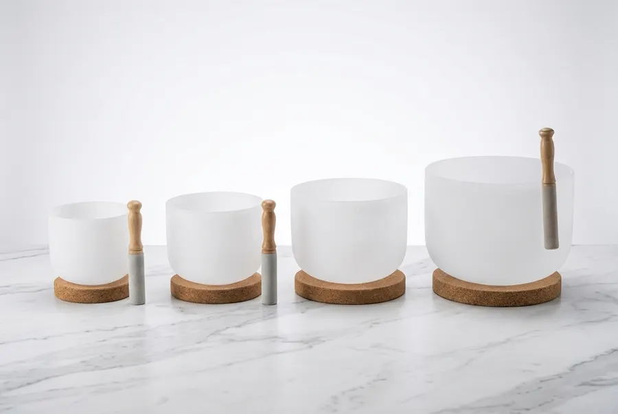 A set of three frosted quartz singing bowls centered and upright on a light linen surface with a wooden mallet, natural di...
