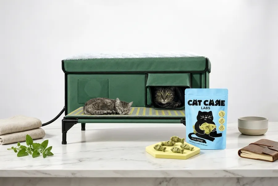 A raised insulated outdoor cat shelter on a clean patio surface, warm late-afternoon winter light casting a soft shadow to...